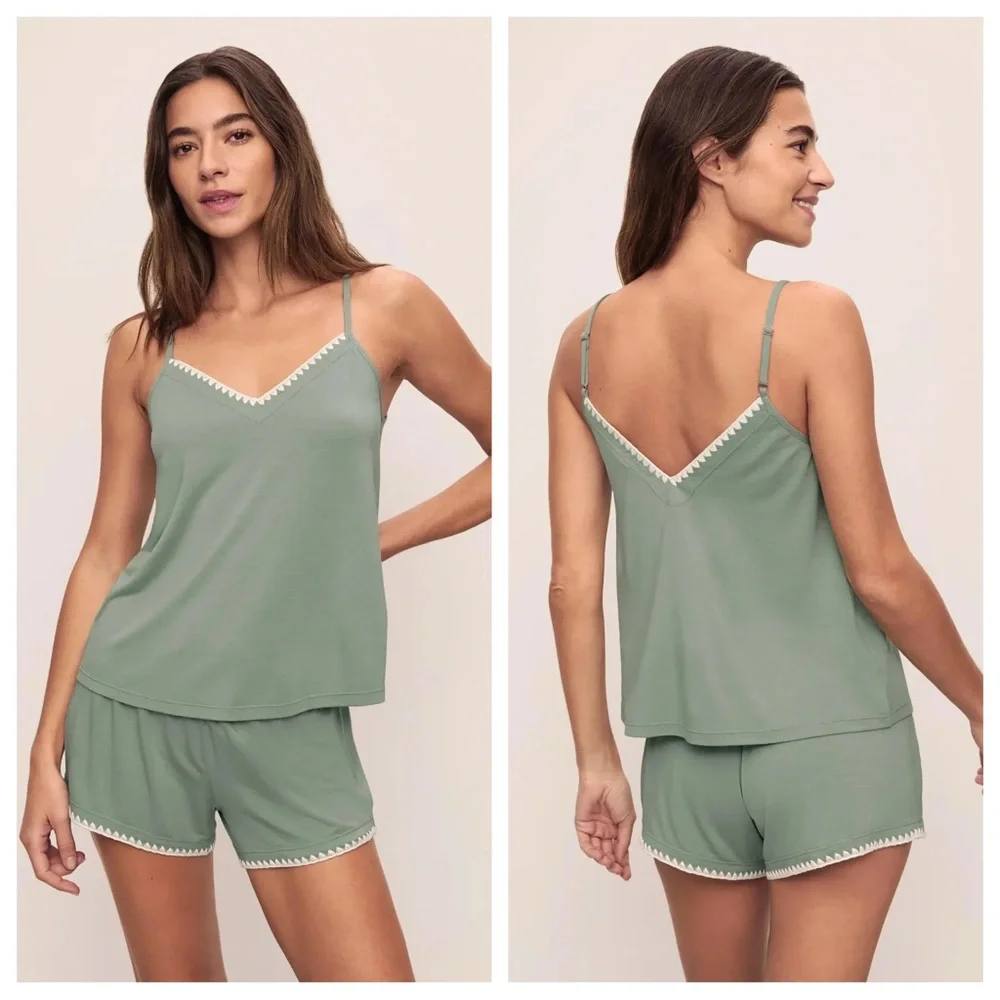 Eberjey Frida Tencel Modal Whipstitch Shortie PJ Pajamas in Eucalyptus Ivory - Picture 1 of 9